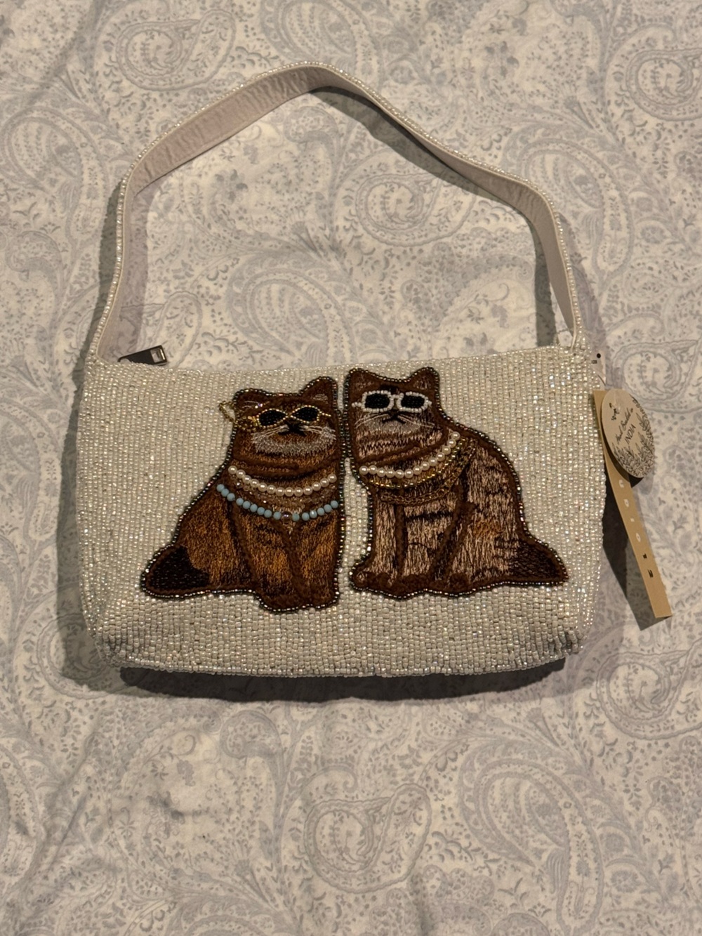 Beaded White Pearl Handmade in India Studio 12 Shoulder Bag with Fancy Cats